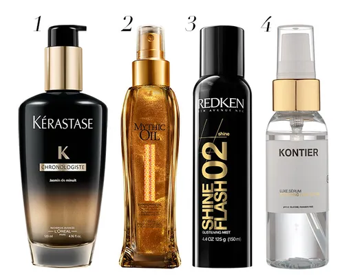 1. Парфюм для волос Chronologiste Jasmin de Minuit, Kérastase, 3890 руб.; 2. Масло для волос Mythic Oil Shimmering Oil, L’Oreal Professionnel, 1350 руб.; 3. Спрей Shine Flash 02, Redken, 1350 руб.; 4. Сыворотка для волос Luxe.Serum, Kontier, 3900 руб.