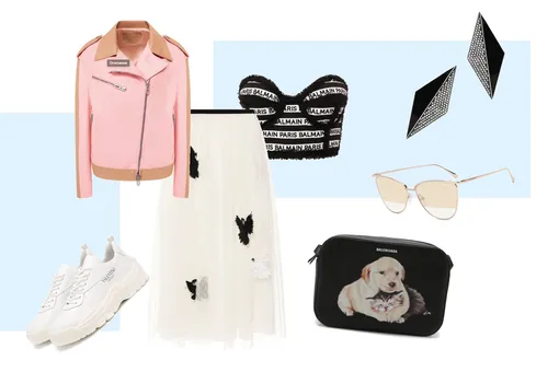 Кожаная куртка, Drome; топ, Balmain; юбка – миди, Red Valentino; кроссовки, Valentino Garavani; сумка Everyday camera S, Balenciaga; солнцезащитные очки, Tom Ford; серьги, Saint Laurent Кожаная куртка, Drome; топ, Balmain; юбка – миди, Red Valentino; кроссовки, Valentino Garavani; сумка Everyday camera S, Balenciaga; солнцезащитные очки, Tom Ford; серьги, Saint Laurent