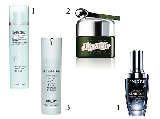 1. Гель для умывания Liz Earle Cleanse & Polish Hot Cloth Cleanser 2. Концентрат для кожи вокруг глаз La Mar Eye Concentrate 3. Увлажняющий крем Sisley Hydra-Global 4. Сыворотка Lancôme Advanced Génifique