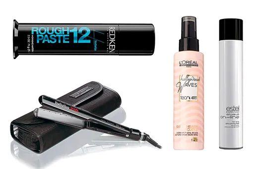 Redken Паста для волос Rough Paste 12; BaByliss Утюжок для волос; L'Oreal Professionnel Спрей для локонов Hollywood Waves и Estel Professional Лак для волос Always On-Line