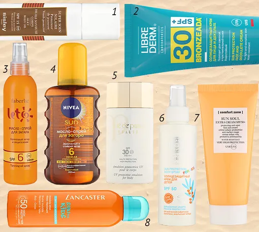 1 — Масло для тела Super Soin Solaire Huile Soyeuse Corps SPF 15, Sisley, 8300 руб.; 2 — Солнцезащитный крем для лица и зоны декольте Bronzeada SPF 30+, Librederm, 619 руб.; 3 — Масло-спрей для загара Leto SPF 6, Faberlic, 399 руб.; 4 — Масло-спрей для загара Sun SPF 6, Nivea, 499 руб.; 5 — Солнцезащитная эмульсия для тела UV Protective Emulsion SPF 30, Cleˊ de Peau Beauteˊ, 4800 руб.; 6 — Солнцезащитный крем для детей Sun Protection Body Spray For Kids SPF 50, Natura Siberica, 649 руб.; 7 — Солнцезащитный крем для лица Sun Soul Face Extra Cream SPF 50+, Comfort Zone, 2050 руб.; 8 — Водостойкий солнцезащитный спрей для детей Sun for Kids SPF 50, Lancaster, 1955 руб. 1 — Масло для тела Super Soin Solaire Huile Soyeuse Corps SPF 15, Sisley, 8300 руб.; 2 — Солнцезащитный крем для лица и зоны декольте Bronzeada SPF 30+, Librederm, 619 руб.; 3 — Масло-спрей для загара Leto SPF 6, Faberlic, 399 руб.; 4 — Масло-спрей для загара Sun SPF 6, Nivea, 499 руб.; 5 — Солнцезащитная эмульсия для тела UV Protective Emulsion SPF 30, Cleˊ de Peau Beauteˊ, 4800 руб.; 6 — Солнцезащитный крем для детей Sun Protection Body Spray For Kids SPF 50, Natura Siberica, 649 руб.; 7 — Солнцезащитный крем для лица Sun Soul Face Extra Cream SPF 50+, Comfort Zone, 2050 руб.; 8 — Водостойкий солнцезащитный спрей для детей Sun for Kids SPF 50, Lancaster, 1955 руб.