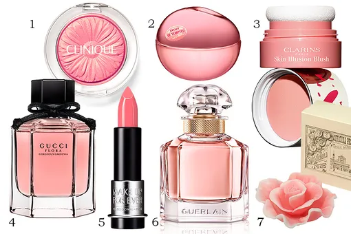 1 — Clinique стойкие кремовые тени для век Lid Pop; 2 — DKNY туалетная вода Be Tempted Eau So Blush; 3 — Clarins компактные румяна Skin Illusion; 4 — Gucci туалетная вода Flora Gorgeous Gardenia; 5 — Make Up For Ever помада Artist Rouge; 6 — Guerlain парфюмерная вода Mon; 7 — Santa Maria Novella свечка Rosa.