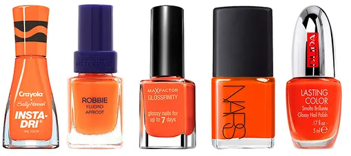 Crayola + Sally Hansen лак для ногтей Instadry; Christina Fitzgerald лак для ногтей (оттенок Robbie Fluoro Apricot); Max Factor лак для ногтей Glossfinity (№80, Sunset Orange); Nars лак для ногтей Nail Polish (оттенок Blow Up); Pupa лак для ногтей Lasting Color (№500, Orange) Crayola + Sally Hansen лак для ногтей Instadry; Christina Fitzgerald лак для ногтей (оттенок Robbie Fluoro Apricot); Max Factor лак для ногтей Glossfinity (№80, Sunset Orange); Nars лак для ногтей Nail Polish (оттенок Blow Up); Pupa лак для ногтей Lasting Color (№500, Orange)