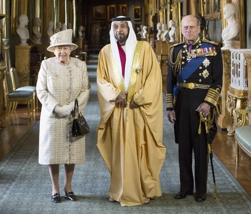 Елизавета II, Халифа ибн Заид Аль Нахайян и принц Филипп