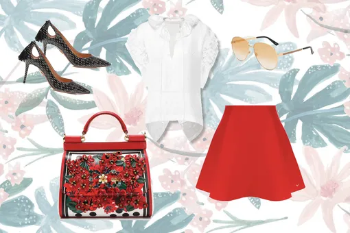Шелковая блуза, Chloe; красная юбка, Valentino; туфли в горошек, Aquazzura; сумка Dolce солнцезащитные очки, Gucci Шелковая блуза, Chloe; красная юбка, Valentino; туфли в горошек, Aquazzura; сумка Dolce солнцезащитные очки, Gucci