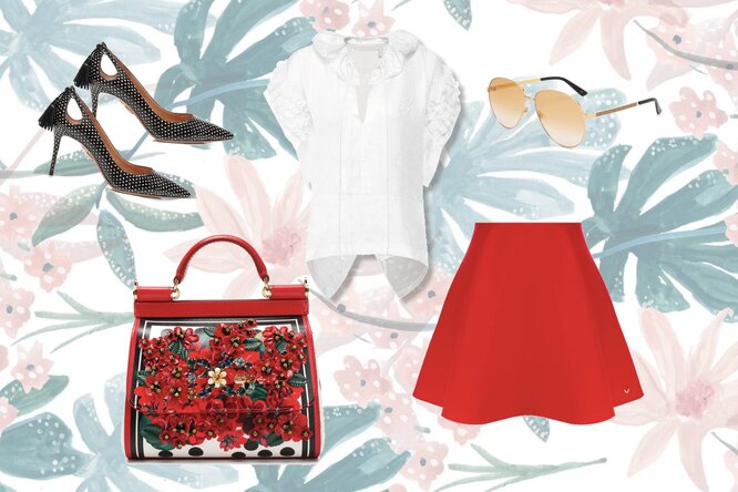 Шелковая блуза, Chloe; красная юбка, Valentino; туфли в горошек, Aquazzura; сумка Dolce солнцезащитные очки, Gucci