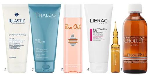 1 — Крем для профилактики и лечения растяжек Stretch Marks Cream, Rilastil, 4569 руб.; 2 — Крем против растяжек Défi Fermeté, Thalgo, 4250 руб.; 3 — Косметическое масло PurCellin Oil, Bio-Oil, 990 руб.; 4 — Гель и ампулы для профилактики растяжек – все Phytolastil, Lierac, 1700 и 3150 РУБ . (20 шт.).; 5 — Фитомасло для тела Biolaston, Methode Cholley, 7100 руб. 1 — Крем для профилактики и лечения растяжек Stretch Marks Cream, Rilastil, 4569 руб.; 2 — Крем против растяжек Défi Fermeté, Thalgo, 4250 руб.; 3 — Косметическое масло PurCellin Oil, Bio-Oil, 990 руб.; 4 — Гель и ампулы для профилактики растяжек – все Phytolastil, Lierac, 1700 и 3150 РУБ . (20 шт.).; 5 — Фитомасло для тела Biolaston, Methode Cholley, 7100 руб.