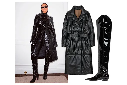 Ким Кардашьян в 2021 году, черное пальто из кожи «Снежная Королева» — 35 410 руб., черные лакированные сапоги H&M — 19 999 руб.