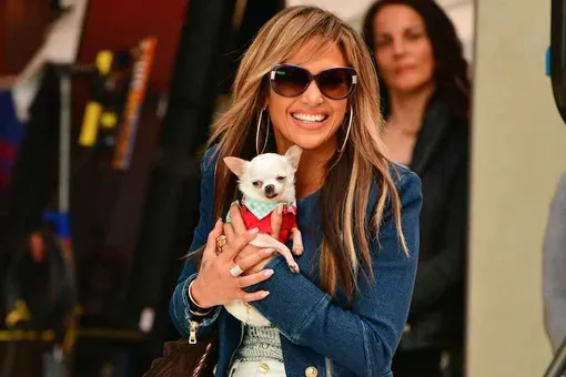 Дженнифер Лопес в джинсовой куртке поиграла с собакой на съемках в Нью-Йорке