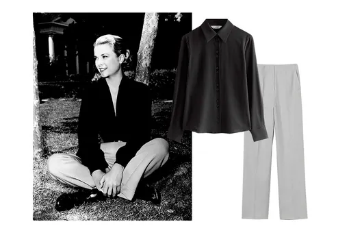 Грейс Келли в 60-х; черная шелковая блуза — 8990 руб., серые брюки H&M — 2299 руб.