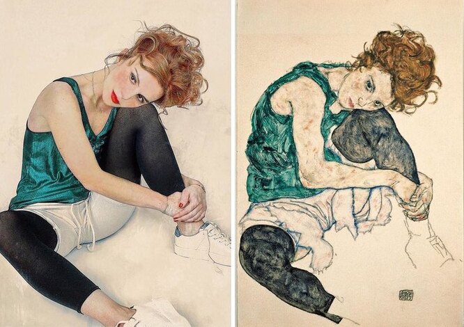 Юлия в образе сидящей женщины с согнутым коленом с картины Эгона Шиле