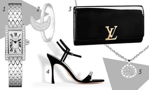 1 — Часы из белого золота с бриллиантами, Cartier, 1 740 000 руб., Cartier; 2 — Кольцо из металла с родиевым покрытием и кристаллами, Swarovski, 4490 руб., Swarovski; 3 — Кожаный клатч, Louis Vuitton, 90 000 руб., Louis Vuitton; 4 — Босоножки из велюровой кожи, декорированные стразами, Dior, цена по запросу, Dior; 5 — Колье из белого золота с бриллиантами, Bvlgari, 602 000 руб., Bvlgari 1 — Часы из белого золота с бриллиантами, Cartier, 1 740 000 руб., Cartier; 2 — Кольцо из металла с родиевым покрытием и кристаллами, Swarovski, 4490 руб., Swarovski; 3 — Кожаный клатч, Louis Vuitton, 90 000 руб., Louis Vuitton; 4 — Босоножки из велюровой кожи, декорированные стразами, Dior, цена по запросу, Dior; 5 — Колье из белого золота с бриллиантами, Bvlgari, 602 000 руб., Bvlgari