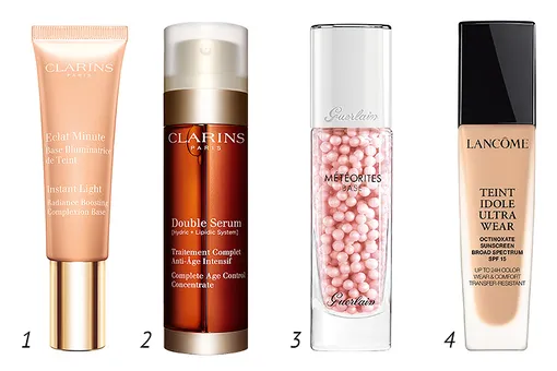 1 — Clarins База под макияж, придающая сияние коже Eclat Minute; 2 — Clarins Комплексная омолаживающая двойная сыворотка Double Serum; 3 — Guerlain Светорассеивающая корректирующая основа под макияж Base Meteorites; 4 — Lancome Тональный крем Teint Idole Ultra Wear SPF15