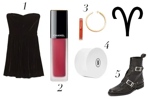 1. Платье Zara, 5 599 рублей; 2. Помада Chanel Rouge Allure Ink, цена по запросу; 3. Серьги Marni, $300 (ru.shopbop); 4. Крем для тела Byredo Gypsy Water, 7 950 рублей («Иль де Боте»); 5. Ботинки Free People, $228 (ru.shopbop)