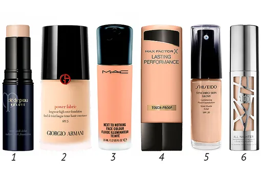 1. Clé de Peau Beauté Тональный крем в форме карандаша Teint Stick Eclat; 2. Giorgio Armani Тональная основа Power Fabric; 3. M.A.C Cosmetics Тональная основа Next to Nothing Face Colour; 4. Max Factor Тональный крем Lasting Performance; 5. Shiseido Тональный крем Synchro Skin Glow; 6. Urban Decay Тональный крем All Nighter Liquid Foundation