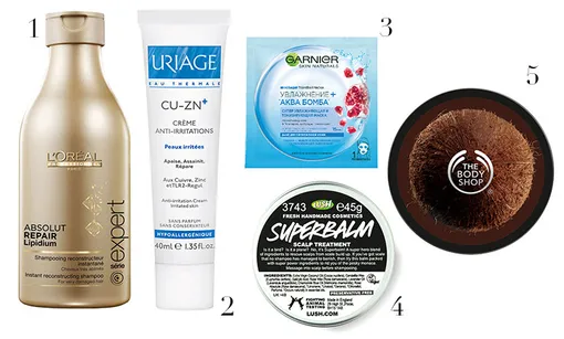 1. Шампунь L'oreal Professional Absolut Repair Lipidium; 2. Крем против раздражений Uriage CU-ZN+ Crème Anti-Irritations; 3. Тканевая маска Garnier «Увлажнение + Аква-бомба»; 4. Бальзам для кожи головы Lush «Супербальзам»; 5. Масло для тела The Body Shop Coconut Body Butter 1. Шампунь L'oreal Professional Absolut Repair Lipidium; 2. Крем против раздражений Uriage CU-ZN+ Crème Anti-Irritations; 3. Тканевая маска Garnier «Увлажнение + Аква-бомба»; 4. Бальзам для кожи головы Lush «Супербальзам»; 5. Масло для тела The Body Shop Coconut Body Butter