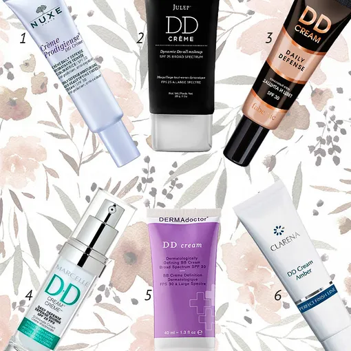 1 — Nuxe Prodigieuse DD Creme; 2 — Julep DD Creme; 3 — Faberlic DD-крем; 4 — Marcelle DD Cream; 5 — DERMAdoctor DD Cream Dermatologically Defining BB Cream Broad Spectrum SPF 30; 6 — Clarena DD Cream