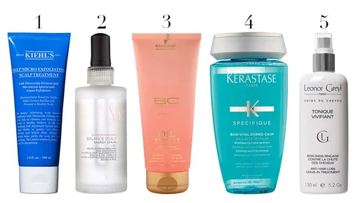 1. Скраб для интенсивного очищения кожи головы Kiehls Deep Micro-Exfoliating Scalp Treatment, 1690 руб.; 2. Энергетическая сыворотка против выпадения волос Wella System Professional Balance Scalp Energy Serum, 2950 руб.; 3. Шампунь-антистресс Schwarzkopf Professional Bonacure Oil Miracle Rose Oil, 650 руб.; 4. Успокаивающий шампунь Kerastase Dermo-Calm, 1890 руб.; 5. Энергизирующий спрей Leonor Greyl Tonique Vivifiant, 5955 руб. 1. Скраб для интенсивного очищения кожи головы Kiehls Deep Micro-Exfoliating Scalp Treatment, 1690 руб.; 2. Энергетическая сыворотка против выпадения волос Wella System Professional Balance Scalp Energy Serum, 2950 руб.; 3. Шампунь-антистресс Schwarzkopf Professional Bonacure Oil Miracle Rose Oil, 650 руб.; 4. Успокаивающий шампунь Kerastase Dermo-Calm, 1890 руб.; 5. Энергизирующий спрей Leonor Greyl Tonique Vivifiant, 5955 руб.