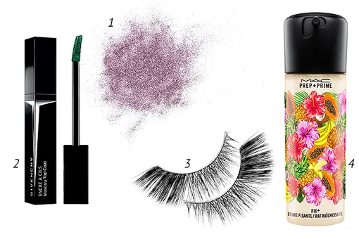 1 — Тени moondust, glitterrock, urban decay, 1850 руб.; 2 — Лаковое покрытие для ресниц Encre A ̀ Cils , 03, Green Gypsophila, Givenchy, 2250 руб.; 3 — Накладные ресницы FOR THE HOLIDAY!, Makeup2Makeup, 850 руб.; 4 — Фиксирующее средство в спрее Prep+Prime Fix+, Fruity Juicy , M.A.C, 1950 руб.