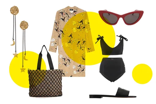 Рубашка, Alena Akhmadullina; купальник, Le Journal Intime; пантолеты, Prada; сумка, Oysho; серьги Madre Kunst; очки, Saint Laurent