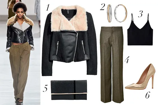 1. Куртка H&M, 3999 руб. 2. Серебряные серьги Sunlight, 990 руб. 3. Топ Mango, 1499 руб. 4. Шерстяные брюки Marks & Spencer, 3999 руб. 5. Клатч Dorothy Perkins, 1190 руб. 6. Кожаные туфли Aldo, 7990 руб.