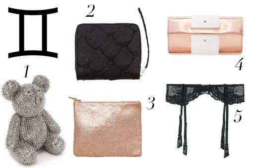 1. Копилка Gift Boutique, $120 (ru.shopbop); 2. Кошелек Rick Owens PRE, 49 990 рублей (Leform); 3. Бумажник Zara, 1 899 рублей; 4. Кошелек MM6, $295 (ru.shopbop); 5. Пояс для чулок Intimissimi, 1 699 рублей