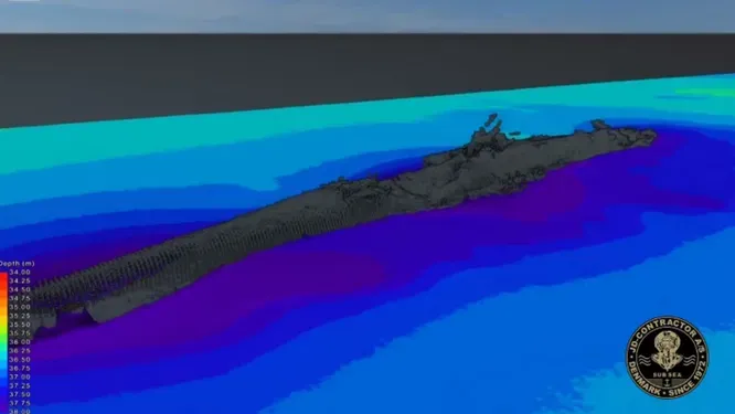 Изображение HMS Tarpon на дне Северного моря, полученное в результате прохождения ультразвуковых волн через толщу воды