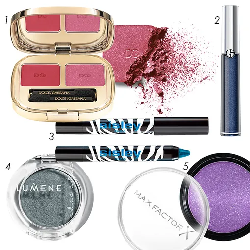 1 — Тени Duo, 135, Tropical Coral, Dolce & Gabbana, 3780 руб.; 2 — Жидкие тени Eye Tint Eyeshadow, 2, Minuit, Giorgio Armani, 2910 руб.; 3 — Карандаш для глаз Phyto-Eye Twist,5, Lagoon, Sisley,3045 руб.; 4 -Тени Nordic Chic Pure Color, 11, Pure Nature, Lumene, 780 руб.; 5 — Тени Wild Shadow Pots, 15, Vicious Purple, Max Factor, 284 руб. 1 — Тени Duo, 135, Tropical Coral, Dolce & Gabbana, 3780 руб.; 2 — Жидкие тени Eye Tint Eyeshadow, 2, Minuit, Giorgio Armani, 2910 руб.; 3 — Карандаш для глаз Phyto-Eye Twist,5, Lagoon, Sisley,3045 руб.; 4 -Тени Nordic Chic Pure Color, 11, Pure Nature, Lumene, 780 руб.; 5 — Тени Wild Shadow Pots, 15, Vicious Purple, Max Factor, 284 руб.