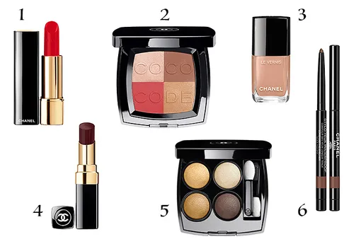 1. Помада Rouge Allure (№175, Ardente); 2. Палетка для лица Chanel Coco Cody Harmonie de Blush ; 3. Лак для ногтей Le Vernis Longue Tenue (№556, Beige Beige); 4. Помада Rouge Coco Shine (№128, Noi Moderne); 5. Тени для век Les 4 Ombres (№274, Codes Elegants); 6. Водостойкий карандаш для глаз Stylo Yeux Waterproof (№931, Noir Petrole)