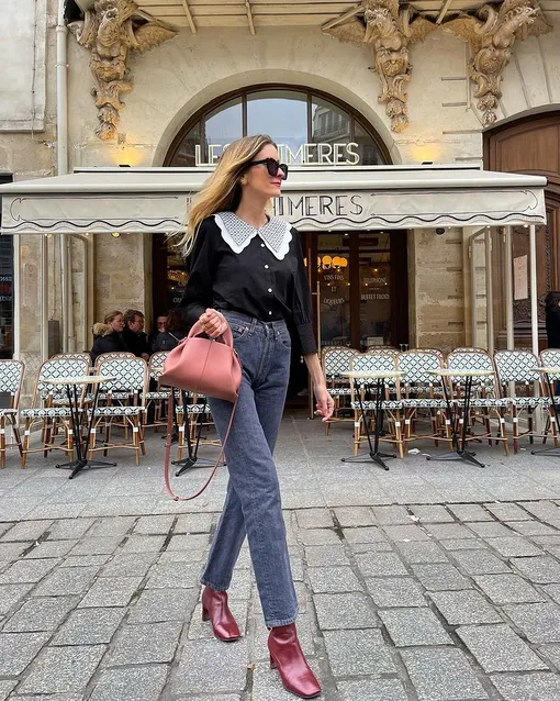 Элегантный образ — блуза + серые джинсы