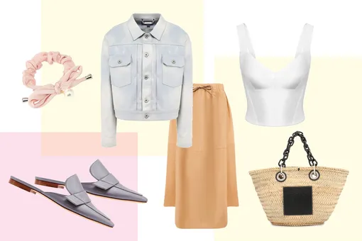 Джинсовая куртка, Ralph Lauren; топ-бюстье, Dolce & Gabbana; кожаная юбка, Vince; сумка Basket, Loewe; серебристые лоферы, Rosbalet; резинка для волос с жемчужиной, Lisa Smith Джинсовая куртка, Ralph Lauren; топ-бюстье, Dolce & Gabbana; кожаная юбка, Vince; сумка Basket, Loewe; серебристые лоферы, Rosbalet; резинка для волос с жемчужиной, Lisa Smith