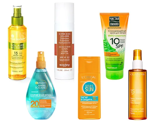 Солнцезащитные средства с SPF 20 и ниже: Yves Rocher, Garnier Ambre Solaire, Sisley, L’Oreal Paris, «Чистая линия», Clarins