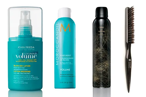 John Frieda Лосьон для объема Luxurious Volume Blow Dry Lotion; Moroccanoil Спрей для прикорневого объема Root Boost; Oribe Спрей-лак для волос Dry Texturizing Spray и Salon Professional Расческа для начеса