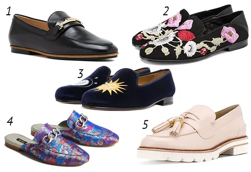 1 — Tod's, 27 200 рублей на Farfetch; 2 — Alexander McQueen, 51 700 рублей в ЦУМе; 3 — Stubbs&Wootton, 31 900 рублей в ЦУМе; 4 — Mango, 5 499 рублей; 5 — Stuart Weitzman, 25 600 рублей на Farfetch