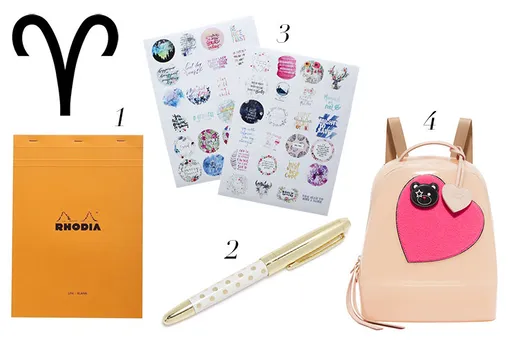 1. Блокнот Rhodia, 690 рублей; 2. Ручка Kate Spade New York, $36; 3. Наклейки LinaDelika, 300 рублей; 4. Сумка Furla, $398