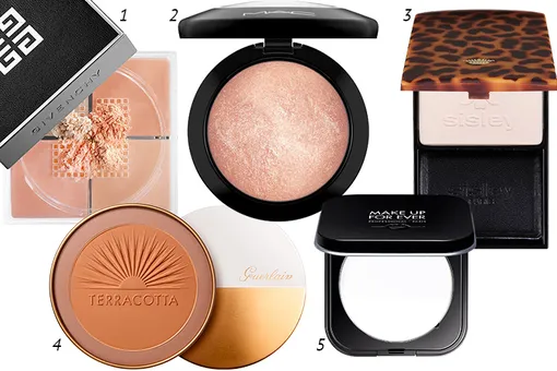 1. Givenchy Рассыпчатая пудра Prisme Libre; 2. M.A.C Cosmetics Перламутровая пудра Mineralize Skinfinish; 3. Sisley Компактная пудра Phyto-Poudre Compact; 4. Guerlain Бронзирующая пудра с матовым эффектом Terracotta Ultra Matte; 5. Make Up For Ever Минеральная пудра Ultra HD Pressed Powder