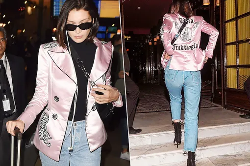 Розовый шик: Белла Хадид в шелковом пиджаке с аппликациями