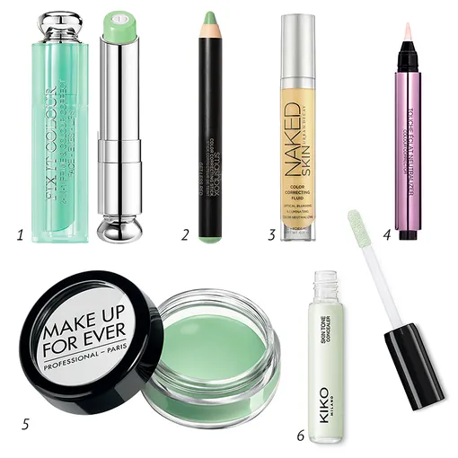 1 — Dior Праймер-корректор Fix It Colour; 2 — Smashbox Карандаш для цветокоррекции лица Color Correcting Stick; 3 — Urban Decay Корректор Naked Skin Color; 4 — YSL Кисточка-корректор цвета Touche Éclat Neutralizers; 5 — Make Up For Ever Средство для макияжа Aqua Cream; 6 — Kiko Milano Цветной корректор Skintone Concealer 1 — Dior Праймер-корректор Fix It Colour; 2 — Smashbox Карандаш для цветокоррекции лица Color Correcting Stick; 3 — Urban Decay Корректор Naked Skin Color; 4 — YSL Кисточка-корректор цвета Touche Éclat Neutralizers; 5 — Make Up For Ever Средство для макияжа Aqua Cream; 6 — Kiko Milano Цветной корректор Skintone Concealer