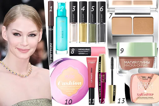 1. Карандаш для глаз Infaillible Gel Crayon 24H (кофейный оттенок); 2. увлажняющая сыворотка «Гений увлажнения»; 3, 4, 5, 6. жидкие тени Infaillible Lip Paint (слева-направо: № 101, №201, №202, №203); 7. палетка теней для бровей Brow Artist Genius Kit; 8. румяна Infaillible Blush Paint (Pink Picasso); 9. маска-скраб «Магия глины»; 10. кушон кушон Nude Magique; 11. матовая помада Infaillible Lip Paint (№102); 12. тушь для ресниц Volume Millions Lashes Fatale Noir; 13. пудровый хайлайтер Alliance Perfect. Все — L'Oréal Paris. 1. Карандаш для глаз Infaillible Gel Crayon 24H (кофейный оттенок); 2. увлажняющая сыворотка «Гений увлажнения»; 3, 4, 5, 6. жидкие тени Infaillible Lip Paint (слева-направо: № 101, №201, №202, №203); 7. палетка теней для бровей Brow Artist Genius Kit; 8. румяна Infaillible Blush Paint (Pink Picasso); 9. маска-скраб «Магия глины»; 10. кушон кушон Nude Magique; 11. матовая помада Infaillible Lip Paint (№102); 12. тушь для ресниц Volume Millions Lashes Fatale Noir; 13. пудровый хайлайтер Alliance Perfect. Все — L'Oréal Paris.
