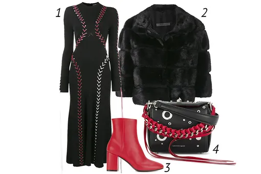 Платье Alexander Mcqueen, 260 504 руб.; жакет Simonetta Ravizza, 220 698 руб.; ботильоны Balenciaga, 51 832 руб.; сумка Alexander Mcqueen, 101 670 руб. Платье Alexander Mcqueen, 260 504 руб.; жакет Simonetta Ravizza, 220 698 руб.; ботильоны Balenciaga, 51 832 руб.; сумка Alexander Mcqueen, 101 670 руб.