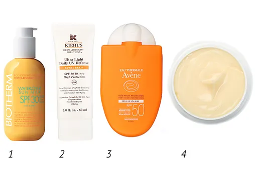 1 — Солнцезащитное молочко для лица и тела Waterlover Sun Milk SPF 30, Biotherm, 1500 руб.; 2 — Солнцезащитный флюид для лица Ultra Light Daily UV Defense SPF 50, Kiehl’s, 3300 руб.; 3 — Солнцезащитная компактная эмульсия для лица Réflexe Solaire SPF 50, Avène, 949 руб.; 4 — Маска после солнца Biolage Sunsorials, Matrix, 815 руб.