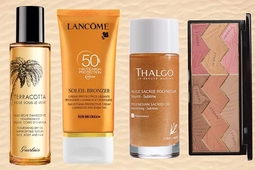 1 — Масло для тела Terracotta, Huile Sous Le Vent, Guerlain, 3965 руб.; 2 — Солнцезащитный BB-крем для лица Soleil Bronzer, SPF 50, Lancome, 2470 руб.; 3 — Масло для тела Polynesia Sacred Oil, Thalgo, 2900 руб.; 4 — Палитра пудра-румяна Sun Designer, Savannah Love, By Terry, 6600 руб. 1 — Масло для тела Terracotta, Huile Sous Le Vent, Guerlain, 3965 руб.; 2 — Солнцезащитный BB-крем для лица Soleil Bronzer, SPF 50, Lancome, 2470 руб.; 3 — Масло для тела Polynesia Sacred Oil, Thalgo, 2900 руб.; 4 — Палитра пудра-румяна Sun Designer, Savannah Love, By Terry, 6600 руб.