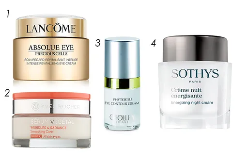 1 — Восстанавливающий крем для кожи вокруг глаз Absolue eye Precious Cells, Lancôme, 8185 руб.; 2 — Ночной крем-сыворотка Sérum Végétal Wrinkles & Radiance, Yves Rocher, 1390 руб.; 3 — Фитоклеточный крем для кожи вокруг глаз Phytocell Eye Contour Cream, Methode Cholley, 17 900 руб.; 4 — Энергонасыщающий ночной крем с экстрактом элеутерококка Energizing Night Cream, Sothys, 4540 руб. 1 — Восстанавливающий крем для кожи вокруг глаз Absolue eye Precious Cells, Lancôme, 8185 руб.; 2 — Ночной крем-сыворотка Sérum Végétal Wrinkles & Radiance, Yves Rocher, 1390 руб.; 3 — Фитоклеточный крем для кожи вокруг глаз Phytocell Eye Contour Cream, Methode Cholley, 17 900 руб.; 4 — Энергонасыщающий ночной крем с экстрактом элеутерококка Energizing Night Cream, Sothys, 4540 руб.