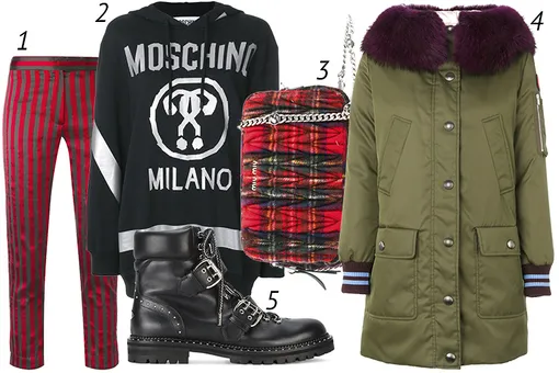 Брюки Ann Demeulemeester, 26 332 руб.; толстовка Moschino, 35 318 руб.; сумка Miu Miu, 66 500 руб.; парка Miu Miu, 140 000 руб.; ботинки Jimmy Choo, 87 600 руб. Брюки Ann Demeulemeester, 26 332 руб.; толстовка Moschino, 35 318 руб.; сумка Miu Miu, 66 500 руб.; парка Miu Miu, 140 000 руб.; ботинки Jimmy Choo, 87 600 руб.