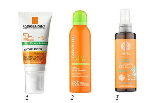 1 — Матирующий солнцезащитный гель-крем для жирной кожи Anthelios XL SPF 50+, La Roche-Posay, 1338 руб.; 2 — Солнцезащитный спрей Sun Sport SPF 30, Lancaster, 2590 руб.; 3 — Солнцезащитное масло для волос и тела SPF 15, Natura Siberica, 560 руб.