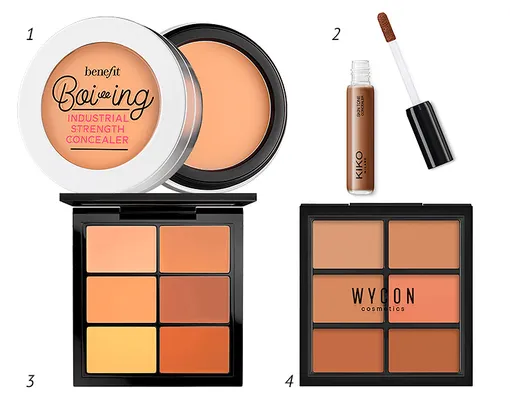1 — Benefit Профессиональный консилер с плотным покрытием Boi-ing; 2 — Kiko Milano Корректор Skintone Concealer; 3 — M.A.C Cosmetics Палетка для коррекции лица Pro Conceal and Correct Palette; 4 — Wycon Корректор Corrective Concealer Palette 1 — Benefit Профессиональный консилер с плотным покрытием Boi-ing; 2 — Kiko Milano Корректор Skintone Concealer; 3 — M.A.C Cosmetics Палетка для коррекции лица Pro Conceal and Correct Palette; 4 — Wycon Корректор Corrective Concealer Palette