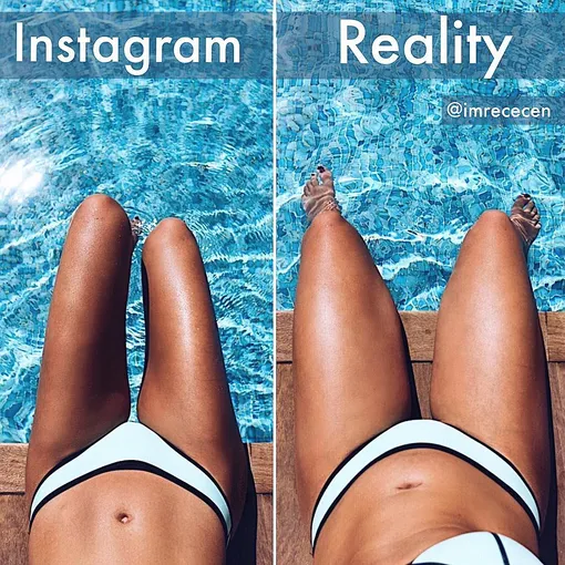 Имре Чечен показывает, как выглядят ее ноги в инстаграме (Социальная сеть признана экстремистской и запрещена на территории Российской Федерации) и в реальной жизни