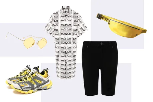 Платье-рубашка, MCQ; джинсовые велосипедки, Paige; кроссовки, Balenciaga; поясная сумка, Off-White; солнцезащитные очки, Spektre Платье-рубашка, MCQ; джинсовые велосипедки, Paige; кроссовки, Balenciaga; поясная сумка, Off-White; солнцезащитные очки, Spektre
