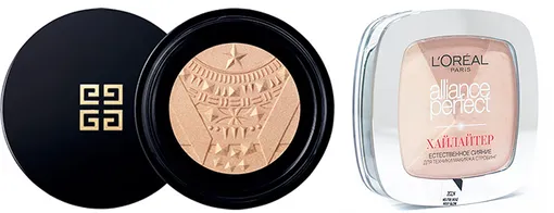 Givenchy Bouncy Highlighter 01 African Light Gold \ L'Oreal Alliance Perfect Естественное сияние для техники макияжа Стробинг