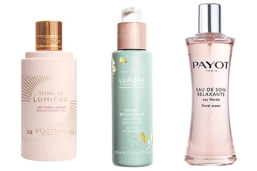 L’Occitane Terre de Lumière Beautyfying Body Milk \ Lumene HARMONIA Nutri-Recharging Nurturing Body Lotion \ Payot Le Corps Eau De Soin Relaxante Floral Water